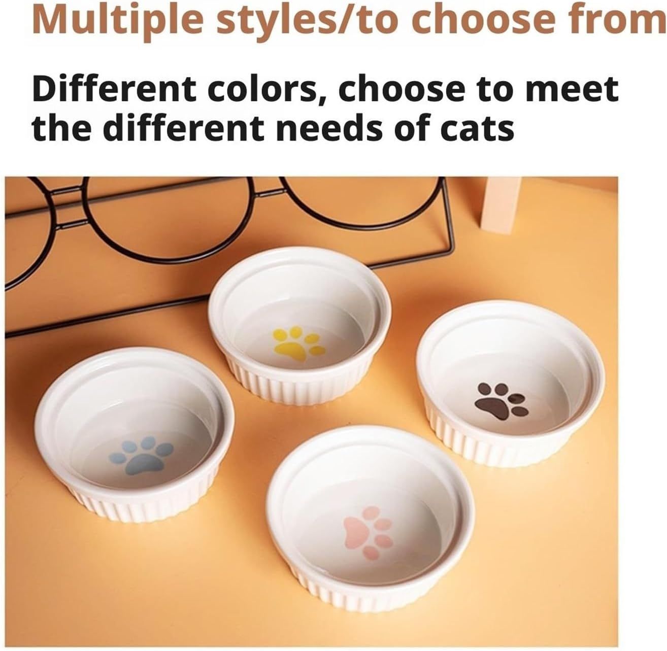 Triple Slanted Ceramic Pet Bowl Set with Elevated Iron Stand and Non Slip Base - 3 x 300ML Versatile Yellow Cat Paw Print Pattern Dishes for Water & Food - view 5