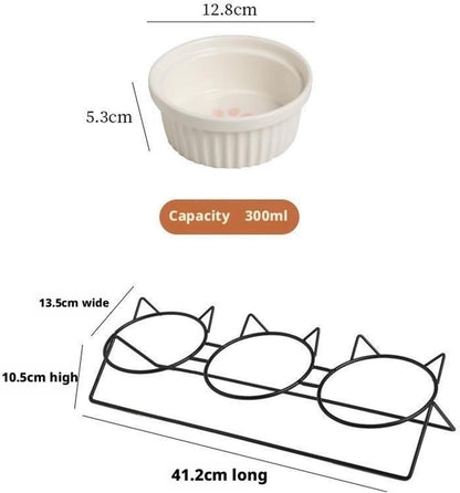 Triple Slanted Ceramic Pet Bowl Set with Elevated Iron Stand and Non Slip Base - 3 x 300ML Versatile Yellow Cat Paw Print Pattern Dishes for Water & Food - view 7