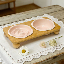 Pink Ceramic Floral Cat Slow Feeder(190ML) & Water Bowl(320ML) Set - Dishwasher Safe Pet Dual Dining Kit with Neck-Friendly Elevated Stand