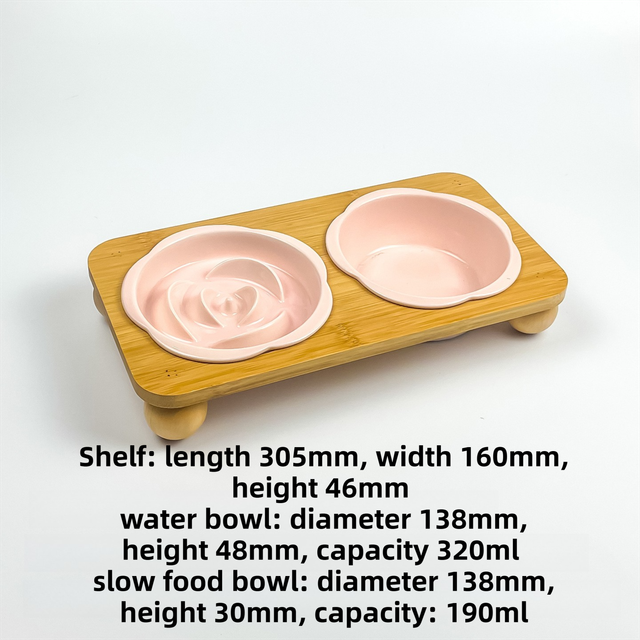 Pink Ceramic Floral Cat Slow Feeder(190ML) & Water Bowl(320ML) Set - Dishwasher Safe Pet Dual Dining Kit with Neck-Friendly Elevated Stand - view 2