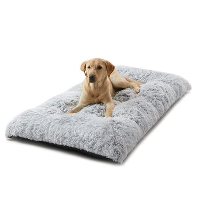55 x 40 CM Winter Long Plush Dog Bed for Large Dogs - 10CM Thickened Fluffy Faux Fur Pad - Calming Anti Anxiety Pet Cushion with Non-Slip Bottom, Removable & Washable Heavy Duty Bedding, Grey S Size