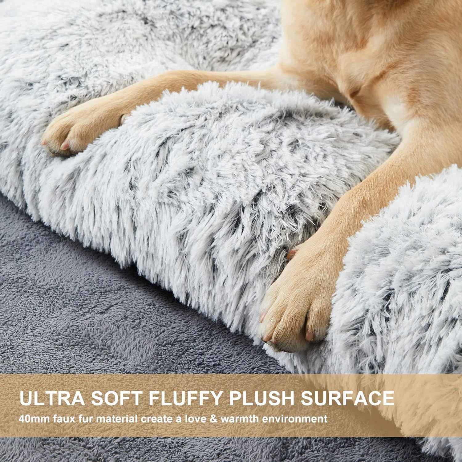 95 x 65 CM Winter Long Plush Dog Bed for Large Dogs - 10CM Thickened Fluffy Faux Fur Pad - Calming Anti Anxiety Pet Cushion with Non-Slip Bottom, Removable & Washable Heavy Duty Bedding, Grey XL Size - view 6