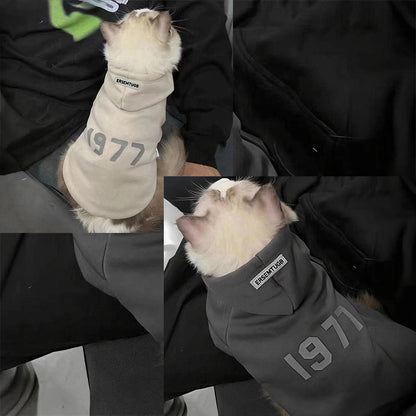 2-Pack M sizeTrendy Pet Hoodie with "1977" Print - Warm Winter Wear for Cats and Small Dogs - with Plush Lining - Beige and Dark Grey