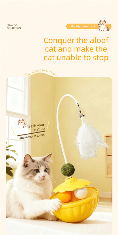 Pink 2Pcs Interactive Cat Wobble Toy Set - Dual Ball Turntable & Feeder with Feather Teaser and Catnip Ball - PP Plastic for Kitten Self-Entertainment - view 3