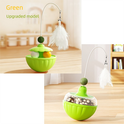Green 2Pcs Interactive Cat Wobble Toy Set - Dual Ball Turntable & Feeder with Feather Teaser and Catnip Ball - PP Plastic for Kitten Self-Entertainment