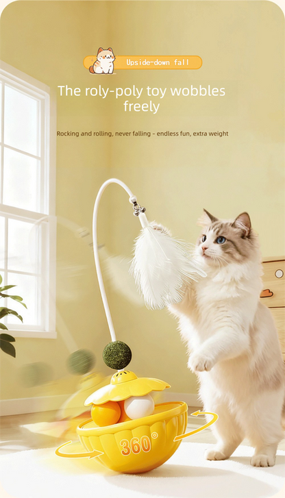 Green 2Pcs Interactive Cat Wobble Toy Set - Dual Ball Turntable & Feeder with Feather Teaser and Catnip Ball - PP Plastic for Kitten Self-Entertainment - view 2