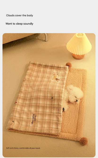 M size 2-Piece Plaid Puppy Pet Blanket and Pillow Set - Soft Cotton Plush Sleeping Mat for Dogs and Cats, All-Season Reversible Cushion Bed with Cute Bear Pillow, Machine Washable Pet Bed Accessories - view 6