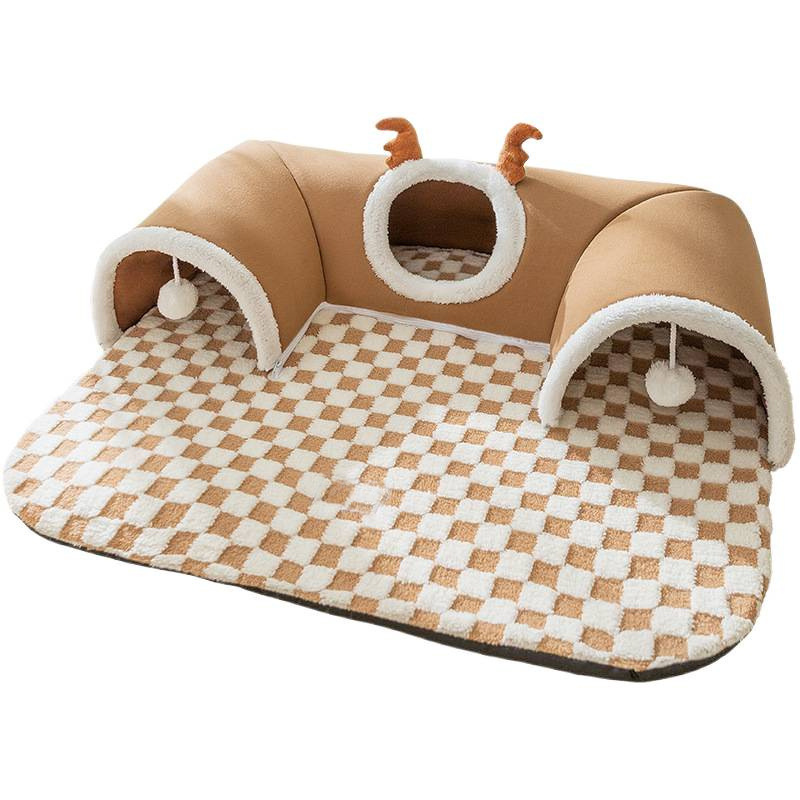 Brown M size Cat Tunnel Bed House 4-Season Universal Removable Washable U-Shaped Cat Cave with Multi-Entrance, Plush Hideaway Pet Nest with Detachable Mat for Indoor Cats, Non-Slip Bottom, Multi-Cat Friendly