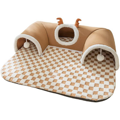 Brown M size Cat Tunnel Bed House 4-Season Universal Removable Washable U-Shaped Cat Cave with Multi-Entrance, Plush Hideaway Pet Nest with Detachable Mat for Indoor Cats, Non-Slip Bottom, Multi-Cat Friendly