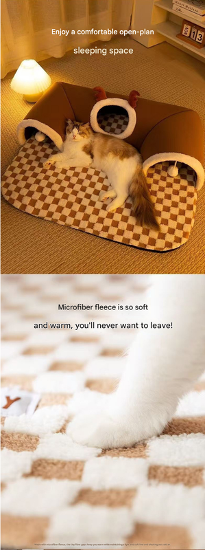 Brown M size Cat Tunnel Bed House 4-Season Universal Removable Washable U-Shaped Cat Cave with Multi-Entrance, Plush Hideaway Pet Nest with Detachable Mat for Indoor Cats, Non-Slip Bottom, Multi-Cat Friendly - view 5