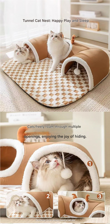 Brown L size Cat Tunnel Bed House 4-Season Universal Removable Washable U-Shaped Cat Cave with Multi-Entrance, Plush Hideaway Pet Nest with Detachable Mat for Indoor Cats, Non-Slip Bottom, Multi-Cat Friendly - view 2