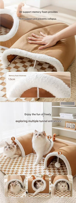 Brown XL size Cat Tunnel Bed House 4-Season Universal Removable Washable U-Shaped Cat Cave with Multi-Entrance, Plush Hideaway Pet Nest with Detachable Mat for Indoor Cats, Non-Slip Bottom, Multi-Cat Friendly - view 7