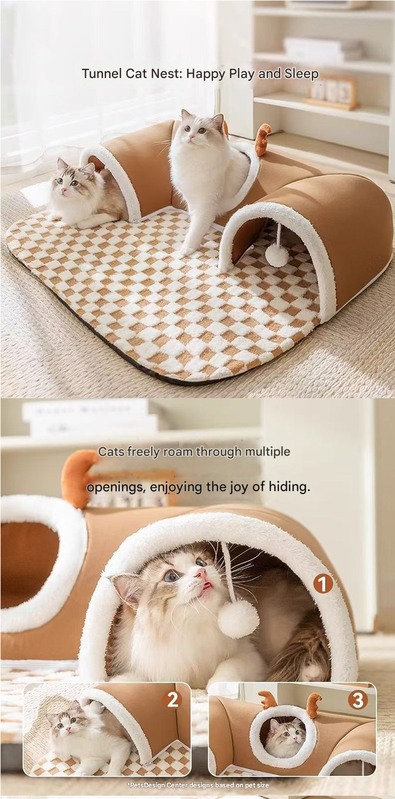 Grey S size Cat Tunnel Bed House 4-Season Universal Removable Washable U-Shaped Cat Cave with Multi-Entrance, Plush Hideaway Pet Nest with Detachable Mat for Indoor Cats, Non-Slip Bottom, Multi-Cat Friendly - view 2