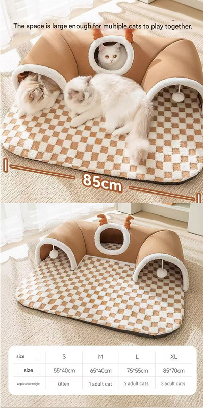 Grey L size Cat Tunnel Bed House 4-Season Universal Removable Washable U-Shaped Cat Cave with Multi-Entrance, Plush Hideaway Pet Nest with Detachable Mat for Indoor Cats, Non-Slip Bottom, Multi-Cat Friendly - view 3