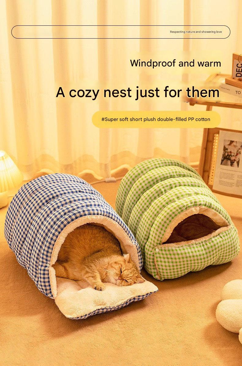 M size Blue Plaid Cat Cave Bed Winter Warm Enclosed Pet House Cozy Cat Sleeping Bag Semi-Enclosed Cat Nest Small Dog Bed PP Cotton Filling Washable Pet Supplies - view 2