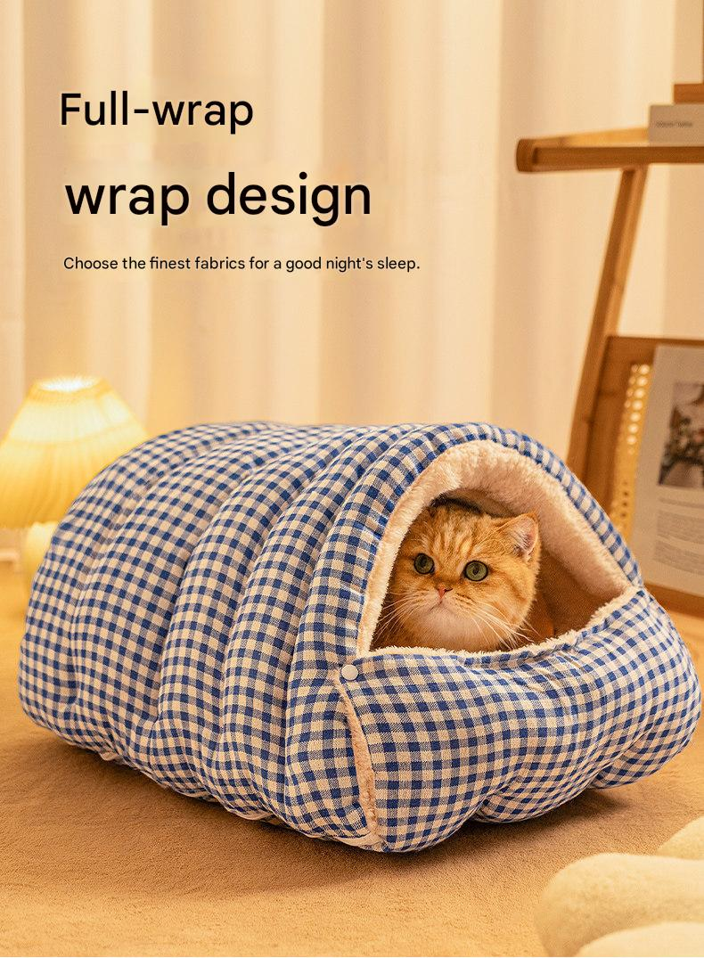 M size Blue Plaid Cat Cave Bed Winter Warm Enclosed Pet House Cozy Cat Sleeping Bag Semi-Enclosed Cat Nest Small Dog Bed PP Cotton Filling Washable Pet Supplies - view 4