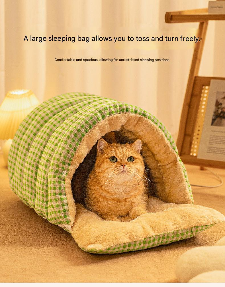 M size Blue Plaid Cat Cave Bed Winter Warm Enclosed Pet House Cozy Cat Sleeping Bag Semi-Enclosed Cat Nest Small Dog Bed PP Cotton Filling Washable Pet Supplies - view 5