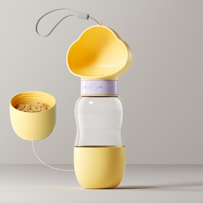 Yellow Portable Dog Water Bottle with Food Container - 2-in-1 Leak-Proof Pet Travel Water Dispenser, Cloud-Shaped Drinking Bowl, Twist-to-Dispense Design, BPA-Free HIPS/PET Material for Walking Hiking Travel
