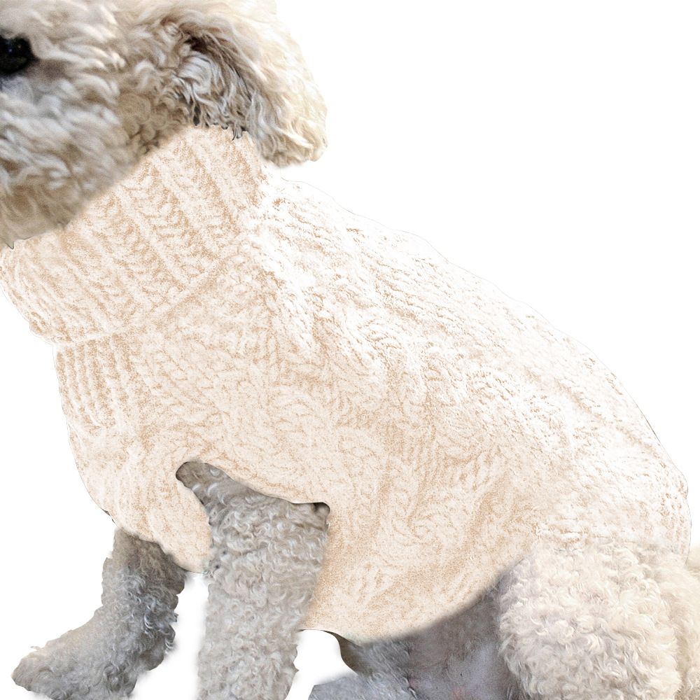 White M size Cosy Cable Knit Dog Jumper - Warm Winter Pet Clothing, Soft High Neck Design, Small to Medium Dogs, Easy Wear Pullover Style, Ideal for Chilly Evenings and Outdoor Walks