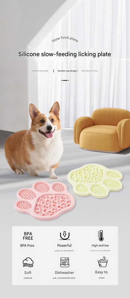 Pink Silicone Slow Feeder Lick Mat for Dogs and Cats - Paw Shaped Non Slip Pet Bowl with Suction Cups - BPA Free, Dishwasher Safe, Freezer Safe, Anxiety Relief, Easy Clean, 20x17cm - Pink, Brown, Yellow - view 2