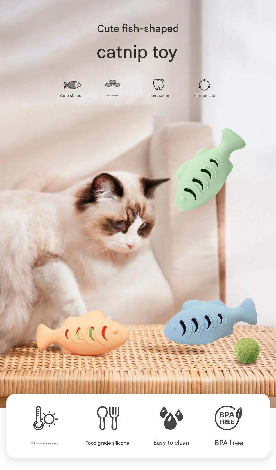 2-piece Cream-colored Fish-Shaped Silicone Cat Toy and Catnip– 3-in-1 Interactive & Self-Entertaining Toy with Catnip/Cat food, Dental Care & Hairball Relief – BPA-Free, Food-Grade Safety - view 2