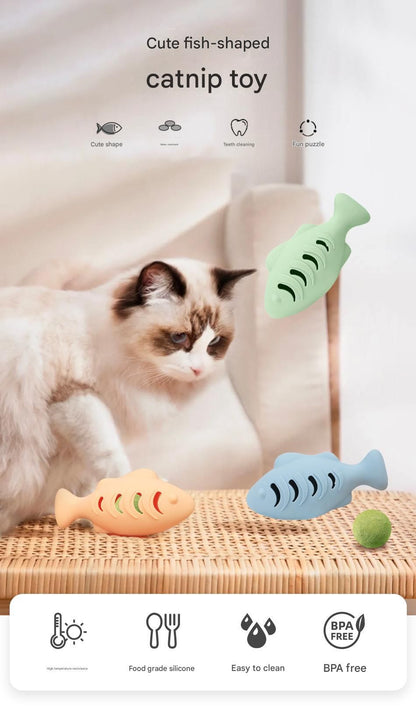 2-piece Cream-colored Fish-Shaped Silicone Cat Toy and Catnip– 3-in-1 Interactive & Self-Entertaining Toy with Catnip/Cat food, Dental Care & Hairball Relief – BPA-Free, Food-Grade Safety - view 2