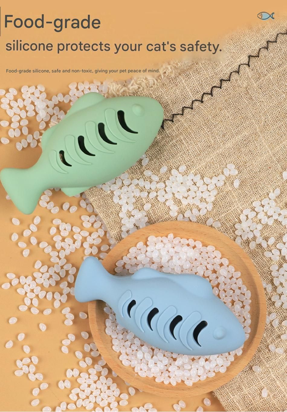 2-piece Cream-colored Fish-Shaped Silicone Cat Toy and Catnip– 3-in-1 Interactive & Self-Entertaining Toy with Catnip/Cat food, Dental Care & Hairball Relief – BPA-Free, Food-Grade Safety - view 8