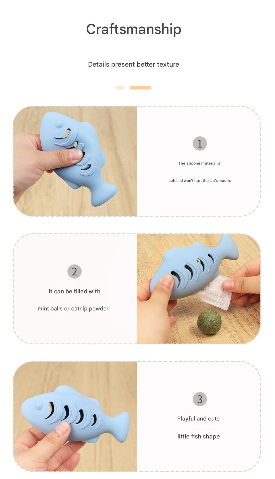 3-piece Blue and Green and Cream-colored Fish-Shaped Silicone Cat Toy and Catnip– 3-in-1 Interactive & Self-Entertaining Toy with Catnip/Cat food, Dental Care & Hairball Relief – BPA-Free, Food-Grade Safety - view 10