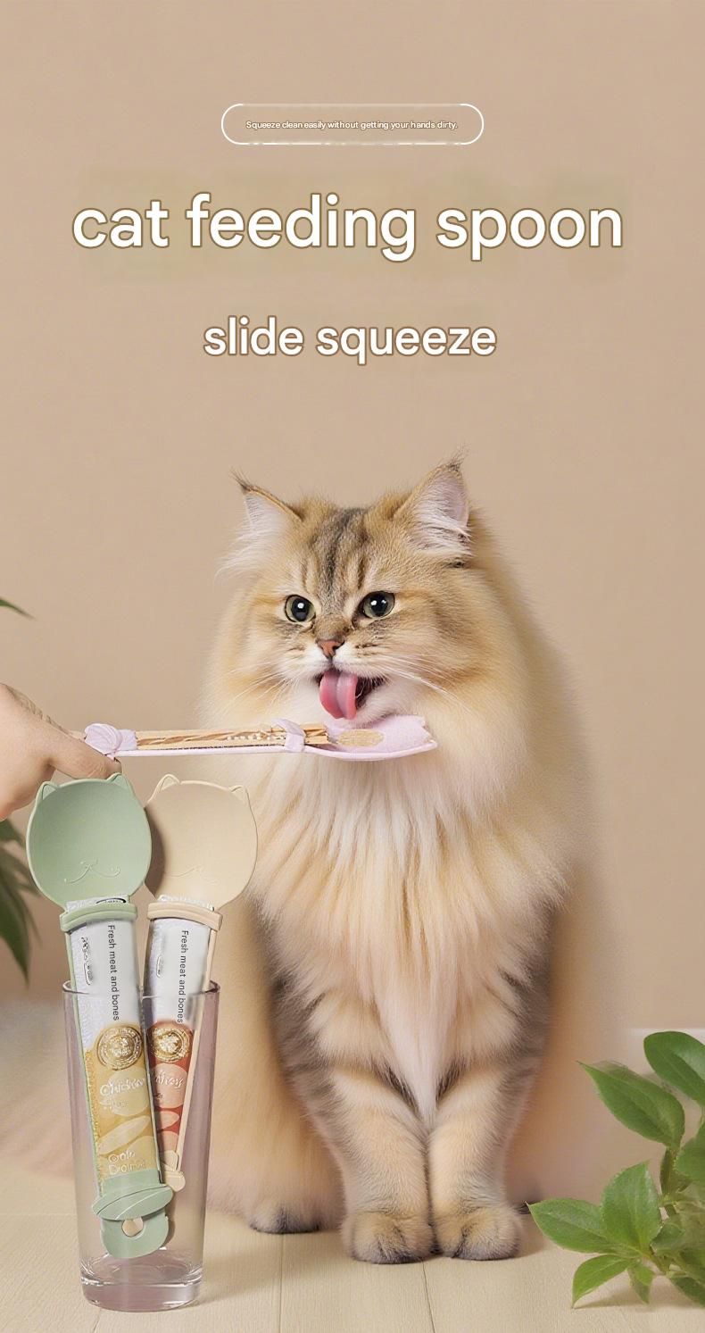 Pink Cat Treat Spoon for Wet Food & Paste - Extra-Long PP Handle, Food-Grade Squeeze Feeder with Anti-Spill Bowl, Easy One-Handed Operation for Cats - view 2
