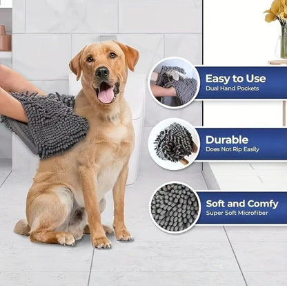Yellow Chenille Pet Drying Towel with Dual Hand Pockets - Ultra Absorbent, Quick Dry, Soft Microfiber, Durable Stitching - for Dogs and Cats Bathing, Grooming, Travel - view 5