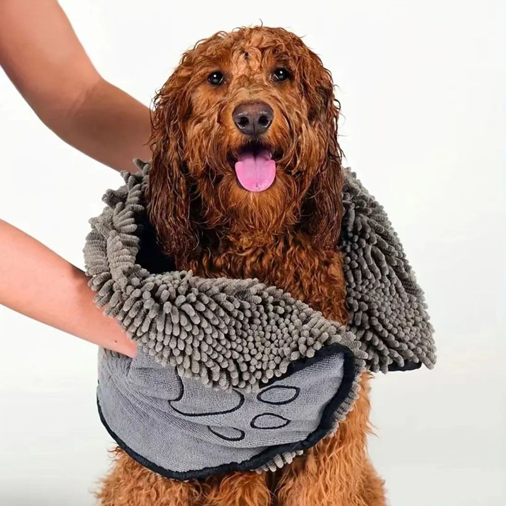 Yellow Chenille Pet Drying Towel with Dual Hand Pockets - Ultra Absorbent, Quick Dry, Soft Microfiber, Durable Stitching - for Dogs and Cats Bathing, Grooming, Travel - view 7
