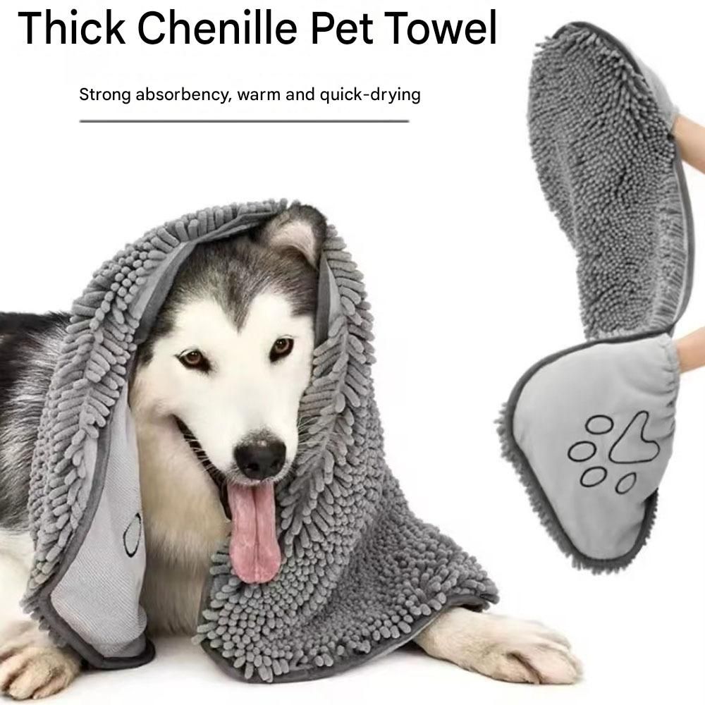 2-piece Yellow and Blue Chenille Pet Drying Towel with Dual Hand Pockets - Ultra Absorbent, Quick Dry, Soft Microfiber, Durable Stitching - for Dogs and Cats Bathing, Grooming, Travel - view 2