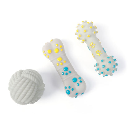 3-piece Yellow and Blue Squeaky Bone Spiked ring barbell White Rope Ball Durable TPR Dog Chew Toys Set - for Teeth Cleaning - Non-Toxic, Bite-Resistant, Easy Clean - Interactive Play for Medium to Large Dogs
