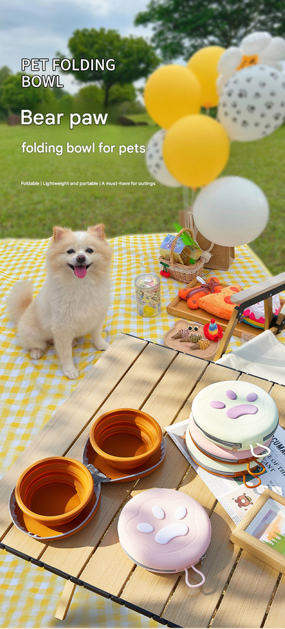 Light Yellow Portable Collapsible Silicone Pet Bowl - Food Grade Silicone - Dual Bowl Design, Adjustable Height, Lightweight & Compact, Bear Paw Pattern, for Dogs & Cats, Travel Friendly, Easy Clean - view 2