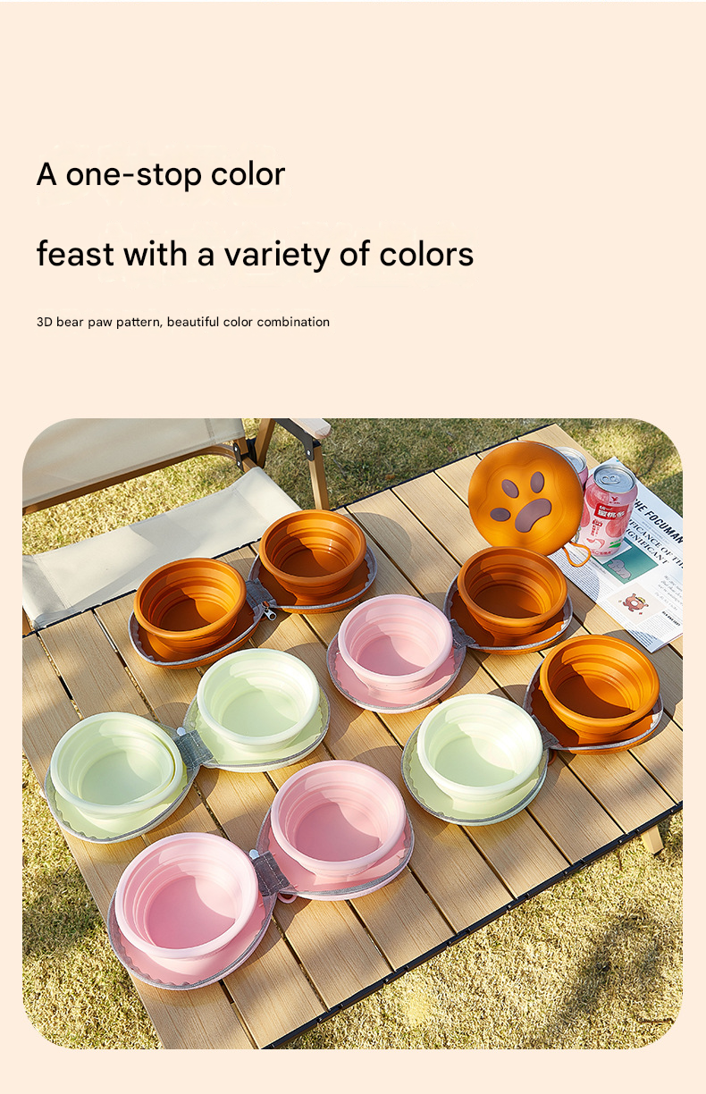 Light Yellow Portable Collapsible Silicone Pet Bowl - Food Grade Silicone - Dual Bowl Design, Adjustable Height, Lightweight & Compact, Bear Paw Pattern, for Dogs & Cats, Travel Friendly, Easy Clean - view 9
