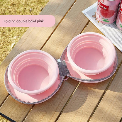 Pink Portable Collapsible Silicone Pet Bowl - Food Grade Silicone - Dual Bowl Design, Adjustable Height, Lightweight & Compact, Bear Paw Pattern, for Dogs & Cats, Travel Friendly, Easy Clean