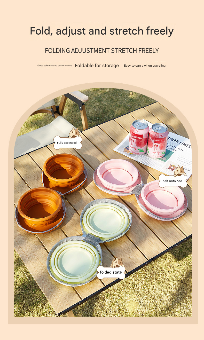 Pink Portable Collapsible Silicone Pet Bowl - Food Grade Silicone - Dual Bowl Design, Adjustable Height, Lightweight & Compact, Bear Paw Pattern, for Dogs & Cats, Travel Friendly, Easy Clean - view 4