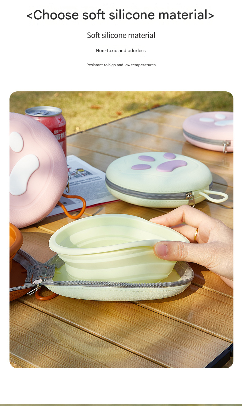 Brown Portable Collapsible Silicone Pet Bowl - Food Grade Silicone - Dual Bowl Design, Adjustable Height, Lightweight & Compact, Bear Paw Pattern, for Dogs & Cats, Travel Friendly, Easy Clean - view 7