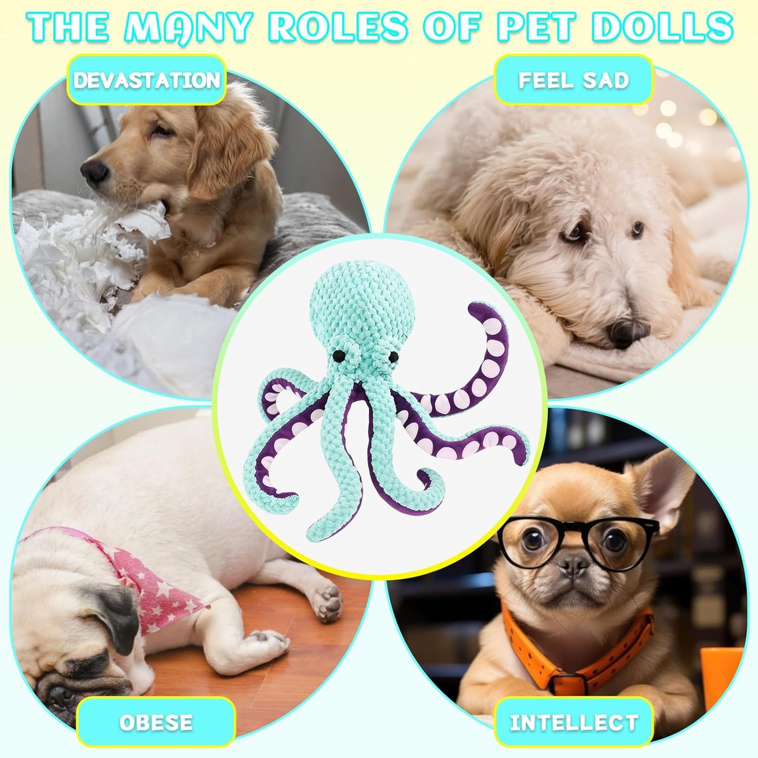 2-Pack Green Plush Octopus Dog Toy with Squeaker - Interactive Chew Toy for Small, Medium & Large Dogs - Durable, Teeth-Cleaning & Boredom-Relief Pet Toy (35cm) - view 3