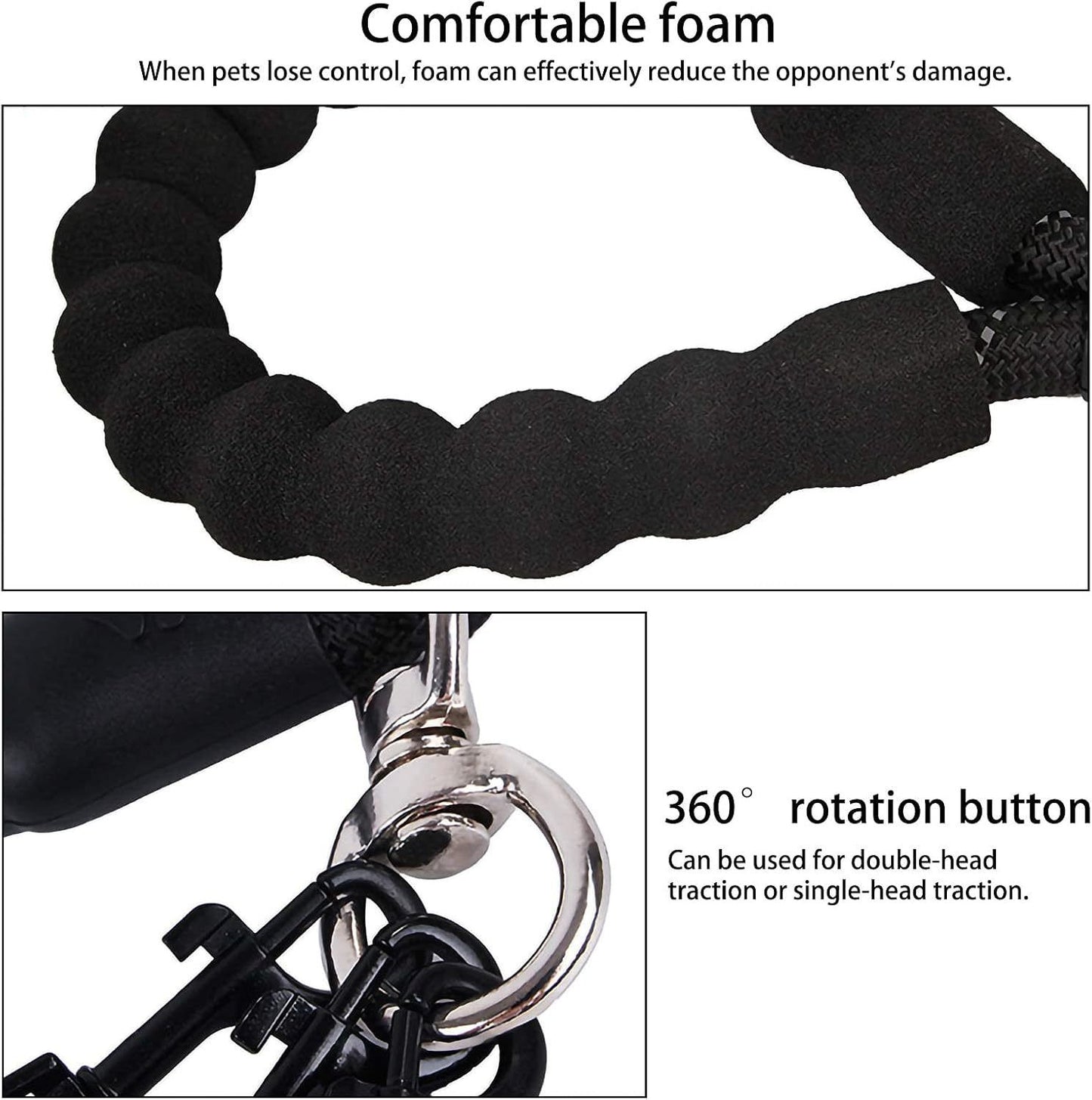 Black 3-in-1 No-Tangle Dog Leash for 1-3 Small Large Dogs – Heavy Duty 360° Swivel Bungee Coupler with Reflective Nylon Braid & Padded Handle - view 3