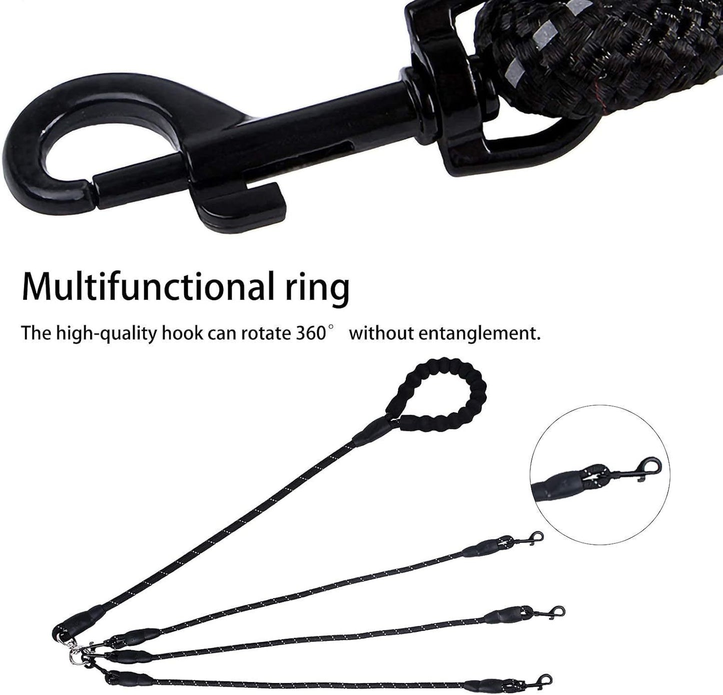 Black 3-in-1 No-Tangle Dog Leash for 1-3 Small Large Dogs – Heavy Duty 360° Swivel Bungee Coupler with Reflective Nylon Braid & Padded Handle - view 4