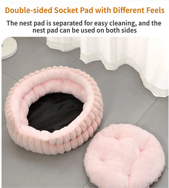 Pink Plush Round Pet Bed with Gap Entry & Removable Cushion S Size - Thickened Warm Anti Slip Cats and Dogs Donut Nest for All Seasons, Cozy and Soft Sleeping Bed for Home Use, XL Size 70x70x20CM - view 4