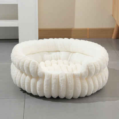 White Plush Round Pet Bed with Gap Entry & Removable Cushion S Size - Thickened Warm Anti Slip Cats and Dogs Donut Nest for All Seasons, Cozy and Soft Sleeping Bed for Home Use, M Size 50x50x15CM
