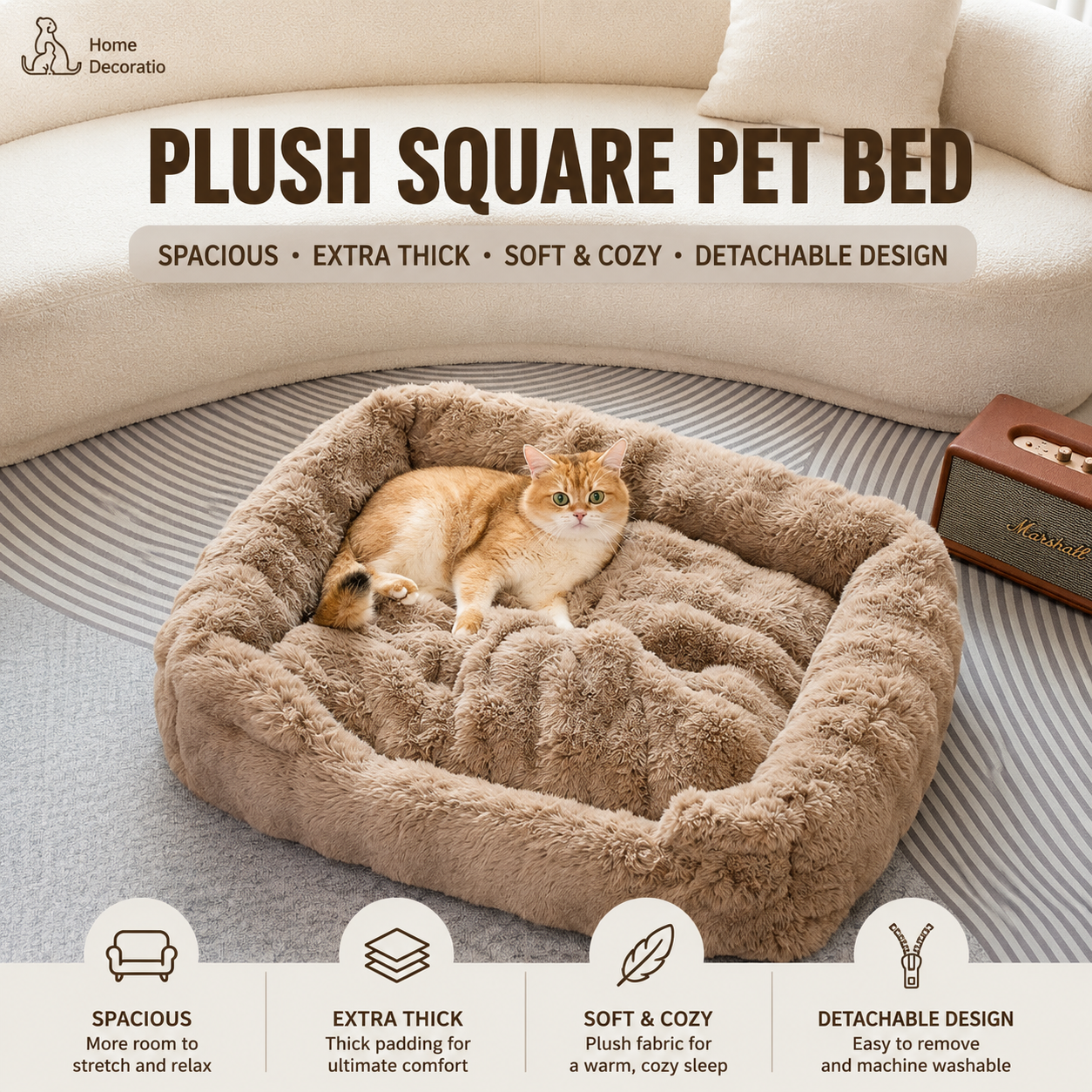 Brown Bubble Plush Pet Sofa Bed with Removable Cushion M Size 70x55x23 cm – Ultra-Soft Winter Thickened Warm Pet Nest with Raised Bolster Edges, Washable Plush Cover and Non-Slip Base, Cozy and Soft Sleeping Space for Dog & Cat Home Use - view 2