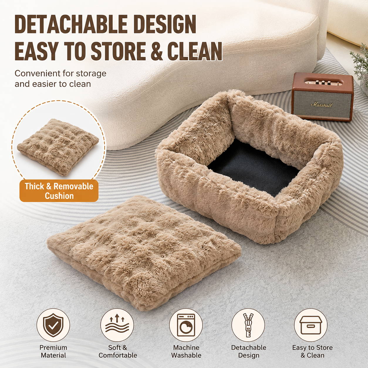 Brown Bubble Plush Pet Sofa Bed with Removable Cushion M Size 70x55x23 cm – Ultra-Soft Winter Thickened Warm Pet Nest with Raised Bolster Edges, Washable Plush Cover and Non-Slip Base, Cozy and Soft Sleeping Space for Dog & Cat Home Use - view 4