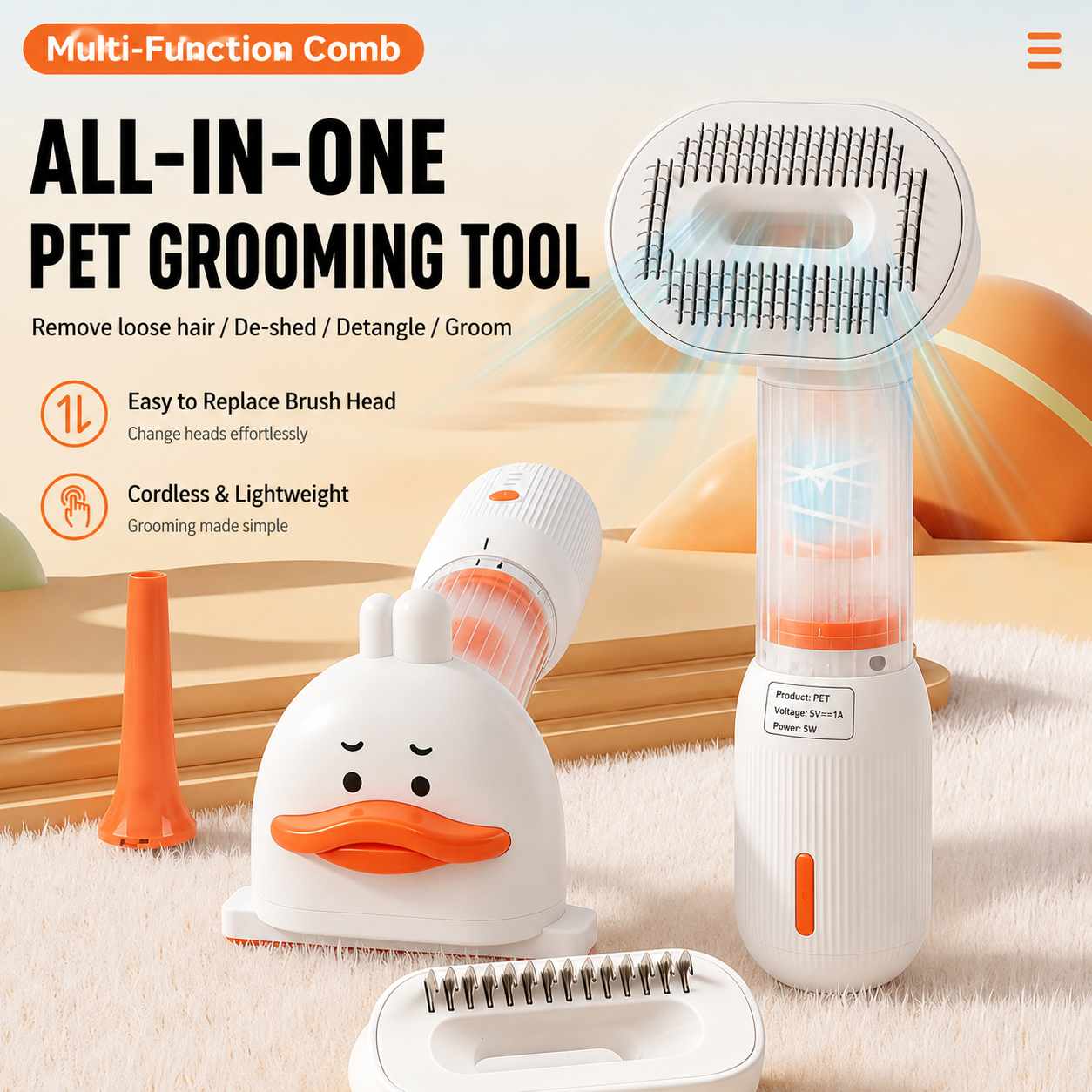 White Rechargeable Pet Grooming Vacuum Brush and Hair Deshedding Comb with 140° Curved Pin Comb & Removable Collection Chamber, 4-in-1 Self-Cleaning Slicker Brush, Detangling Rake, Silicone Cleaning Brush & Blow Nozzle for Cats and Dogs - view 2