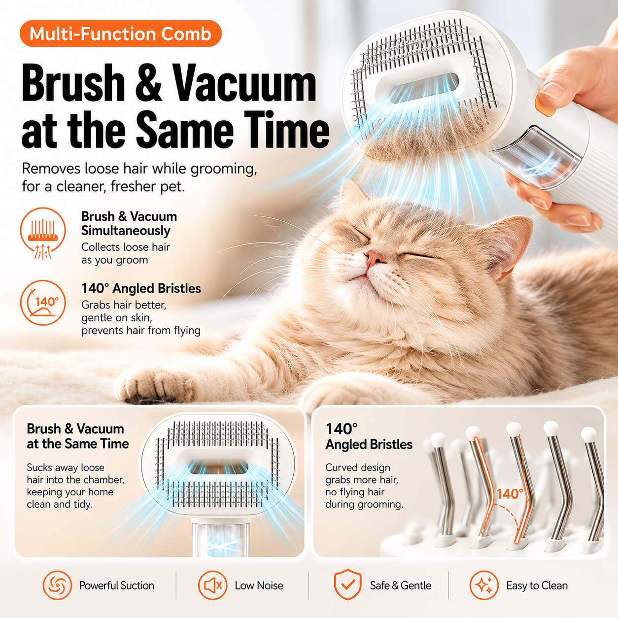 White Rechargeable Pet Grooming Vacuum Brush and Hair Deshedding Comb with 140° Curved Pin Comb & Removable Collection Chamber, 4-in-1 Self-Cleaning Slicker Brush, Detangling Rake, Silicone Cleaning Brush & Blow Nozzle for Cats and Dogs - view 3