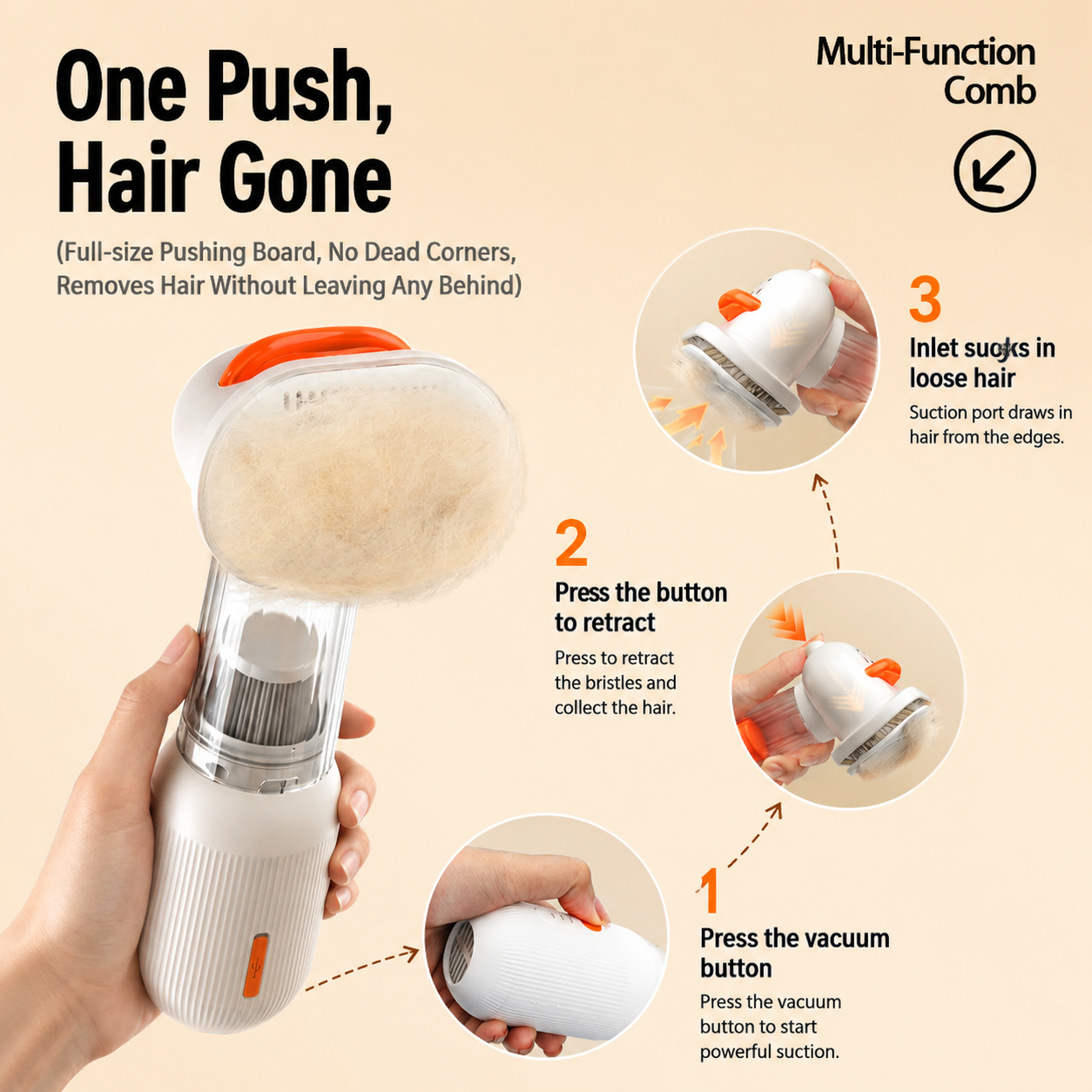 White Rechargeable Pet Grooming Vacuum Brush and Hair Deshedding Comb with 140° Curved Pin Comb & Removable Collection Chamber, 4-in-1 Self-Cleaning Slicker Brush, Detangling Rake, Silicone Cleaning Brush & Blow Nozzle for Cats and Dogs - view 4