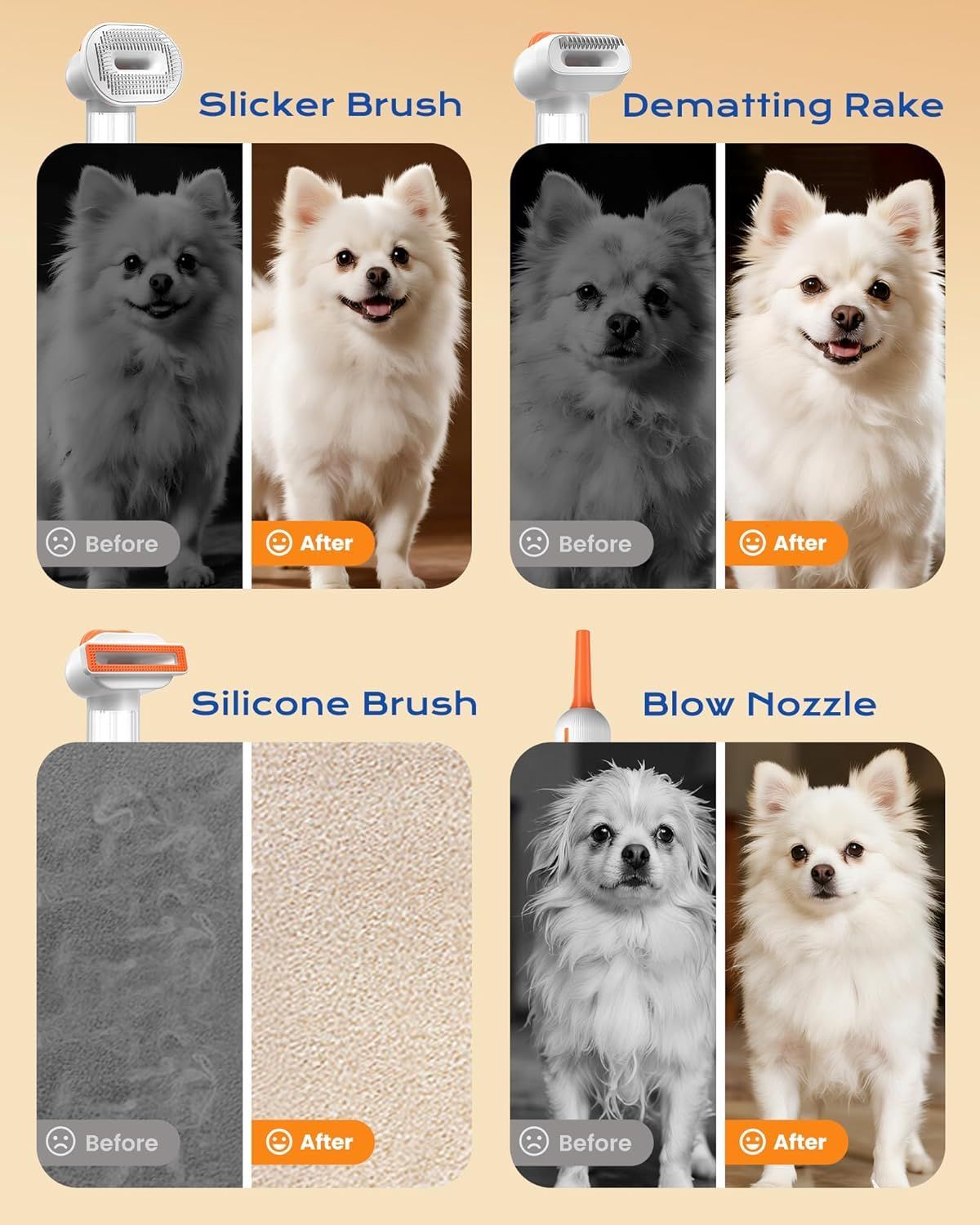 White Rechargeable Pet Grooming Vacuum Brush and Hair Deshedding Comb with 140° Curved Pin Comb & Removable Collection Chamber, 4-in-1 Self-Cleaning Slicker Brush, Detangling Rake, Silicone Cleaning Brush & Blow Nozzle for Cats and Dogs - view 5