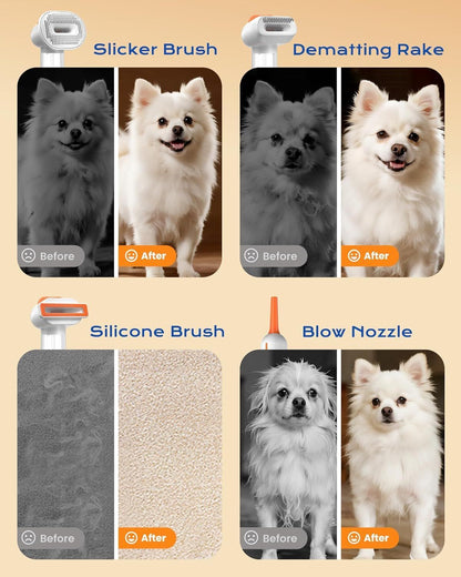 White Rechargeable Pet Grooming Vacuum Brush and Hair Deshedding Comb with 140° Curved Pin Comb & Removable Collection Chamber, 4-in-1 Self-Cleaning Slicker Brush, Detangling Rake, Silicone Cleaning Brush & Blow Nozzle for Cats and Dogs - view 5